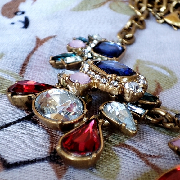 LOFT Domed Multi Shape Stones Rhinestone Statement Necklace Antiqued Brass EUC - Picture 8 of 10